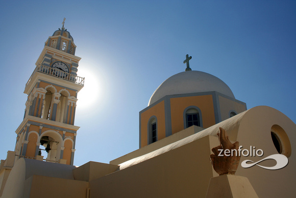 Clock tower and dome of St. John the Baptist Roman Catholic Cathedral, Santorini, Greece   Rebuilt following the 1956 earthquakePhoto taken in September 2008